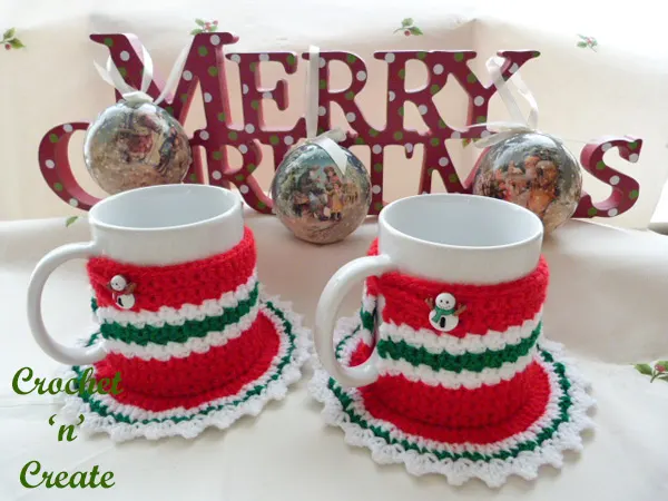 Free crochet pattern christmas coaster mug cosy