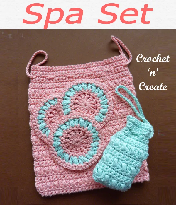 This free crochet spa set pattern is ideal for you to use on trips away etc. it contains a soap holder and face scrubby with a handy bag to put them in. CLICK and scroll down the page for the pattern. | #crochetspa #crochetbathroom #crochetncreate #crochet #howto #crochetpattern #freecrochetpattern #easypattern #freepattern #forbeginners #diy #crafts #crochetaddict #followforcrochet