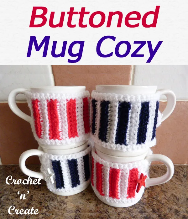 Free buttoned mug cosy crochet pattern, made in stripes but can be made in one color if you wish, easy back loop only stitch. CLICK and scroll down the page for the pattern. | #crochetforthehome #crochetmugwarmer #crochetmugcozy #crochetncreate #crochet #crochetpattern #freecrochetpattern #easypattern #freepattern #forbeginners #diy #crafts #crochetaddict #followforcrochet