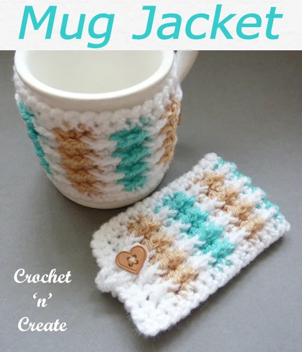 Multicolor mug jacket, fasten with a button, make a set to compliment all your mugs, free crochet pattern. CLICK and scroll down the page for the pattern. | #crochetmugcozy #crochetmugwarmer #crochetforthehome #crochetdining #crochet #crochetncreate #crochetpattern #freecrochetpattern #easypattern #freepattern #forbeginners #diy #crafts #crochetaddict #followforcrochet