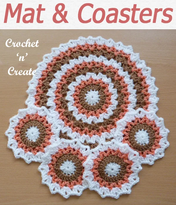 Pretty mat and coaster set, makes a lovely gift or item to sell, free crochet pattern from #crochetncreat. CLICK and scroll down the page for the pattern. | #crochetforthehome #crochetcoaster #crochetdining #crochet #crochetpattern #freecrochetpattern #easypattern #freepattern #forbeginners #diy #crafts #crochetaddict #followforcrochet