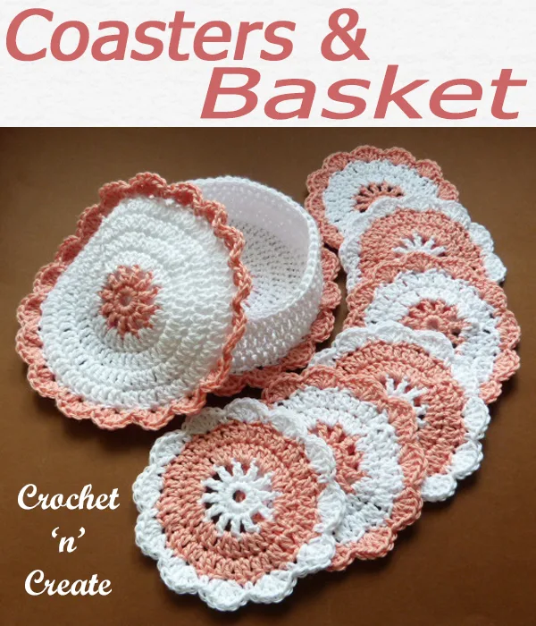 Beautiful gift idea, a free crochet pattern for coasters and a basket to put them in, pretty enough to leave in your dining table when not in use. CLICK and scroll down the page for the pattern. | #crochetbasket #crochetcoaster #crochetmat #crochetdining #crochetforthehome #crochetmat #crochet #crochetncreate #crochetpattern #freecrochetpattern #easypattern #freepattern #forbeginners #diy #crafts #crochetaddict #followforcrochet