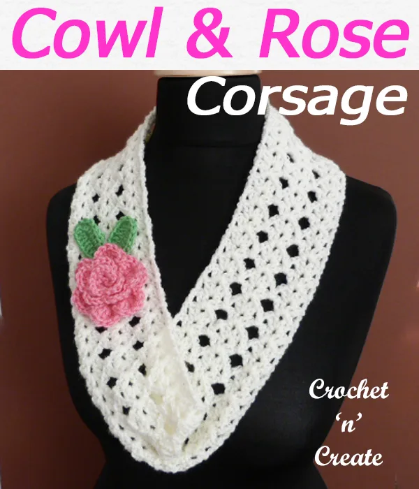 Wear the narrow cowl over a light sweater, it is decorated with a rose corsage, this free crochet pattern, make for gifts or yourself. CLICK and scroll down the page for the pattern. | #crochetcowl #crochetscarf #scarf #crochet #howto #crochetpattern #freecrochetpattern #easypattern #freepattern #forbeginners #diy #crafts #crochetaddict #followforcrochet