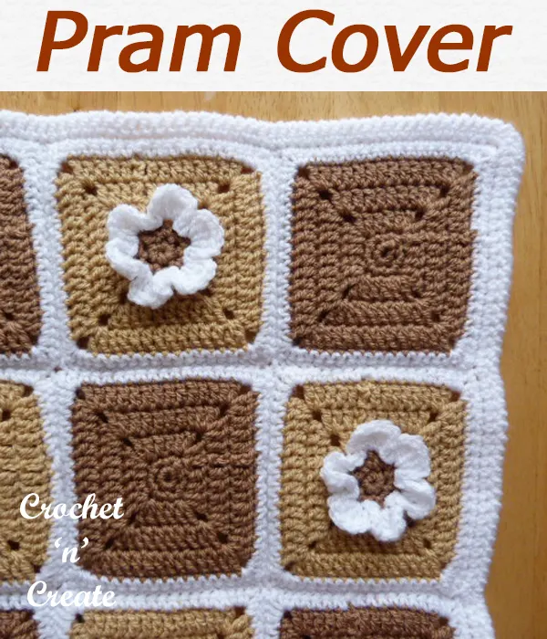 Free crochet baby pram cover blanket, to made bigger just crochet more squares. CLICK and scroll down the page for the pattern. | #crochetblanket #crochetbaby #crochetbabyblanket #crochetncreate #crochet #howto #crochetpattern #freecrochetpattern #easypattern #freepattern #forbeginners #diy #crafts #crochetaddict #followforcrochet